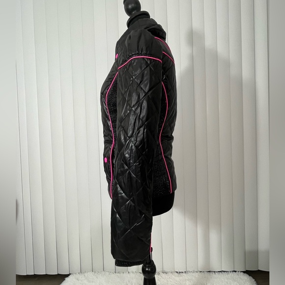 SUGARFLY Quilted Puffer Moto Jacket Coat Zip Up Pockets Black Neon Pink Medium - Picture 3 of 13